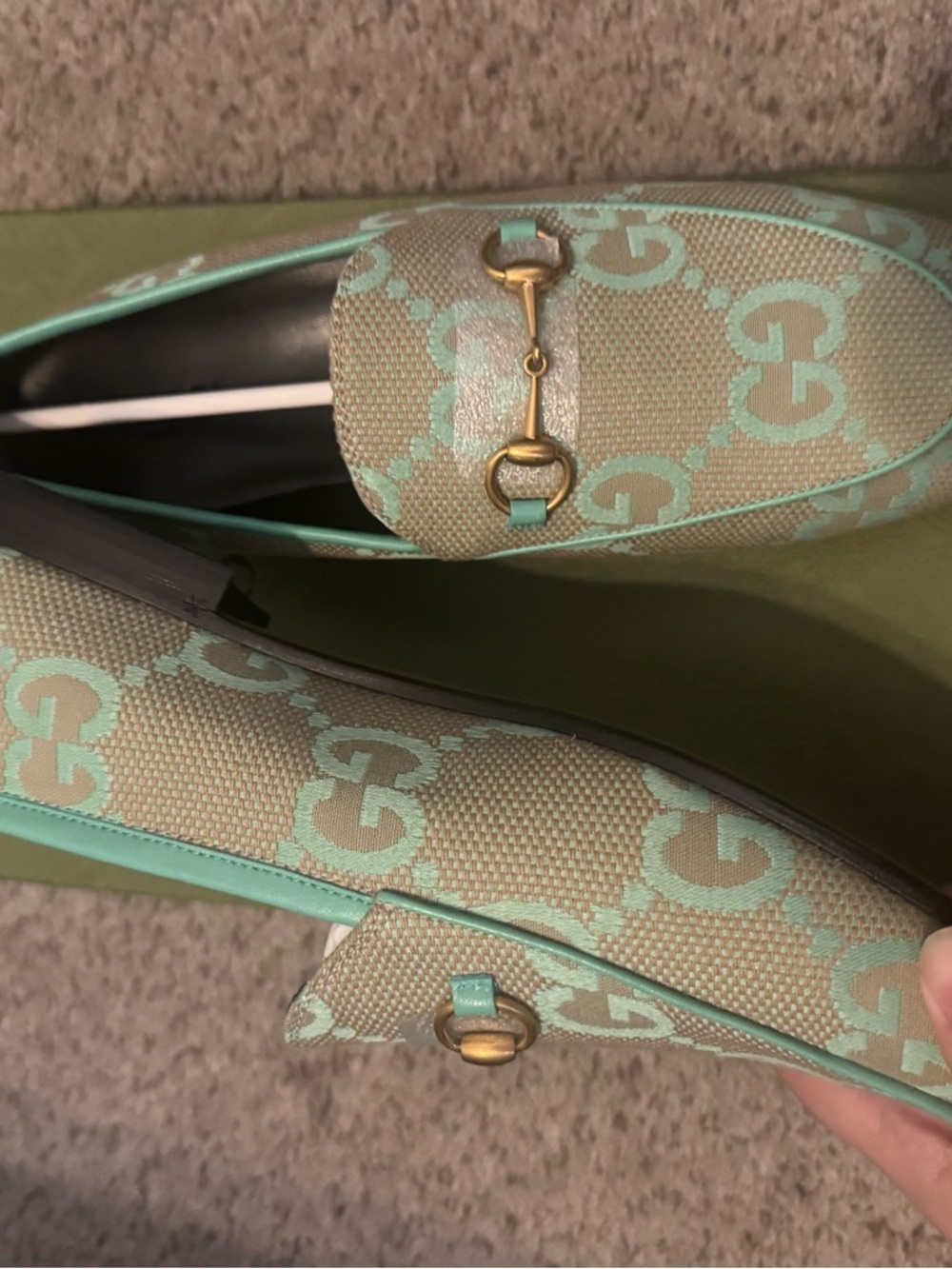 🆕 Gucci jordaan jumbo GG Mint and Beige Horsebit Loafers - Picture 4 of 7